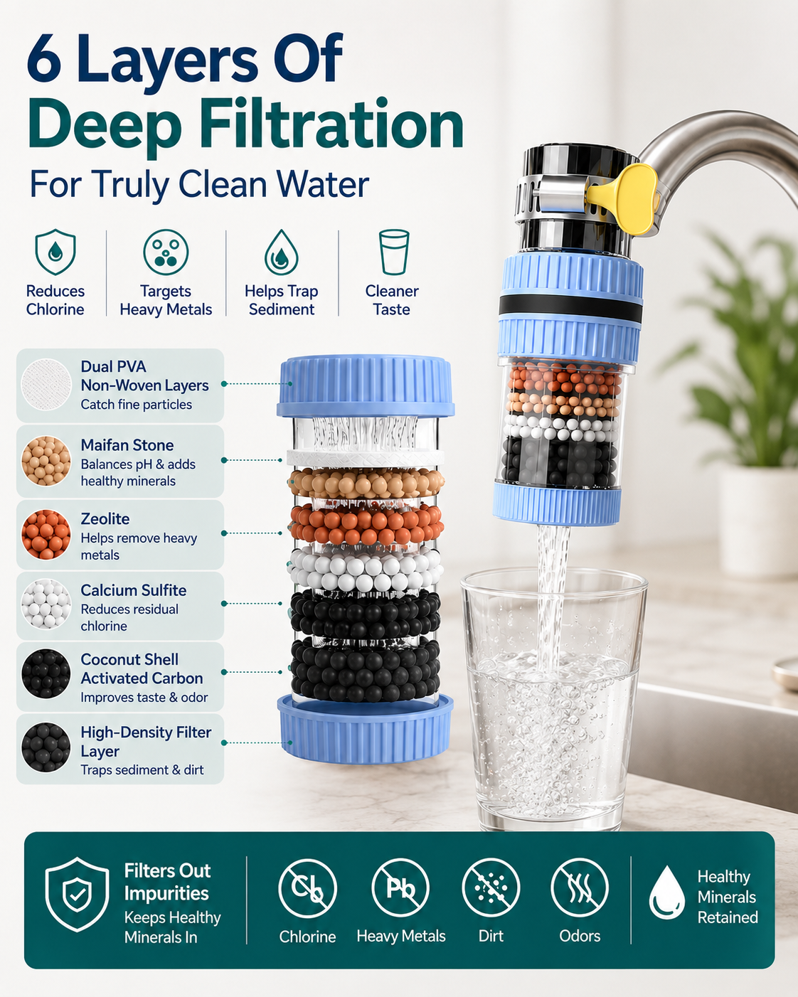 360° Swivel Faucet Water Filter – 6-Layer Filtration & Universal Kitchen Tap Fit