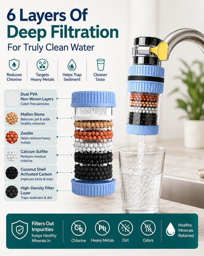 360° Swivel Faucet Water Filter – 6-Layer Filtration & Universal Kitchen Tap Fit