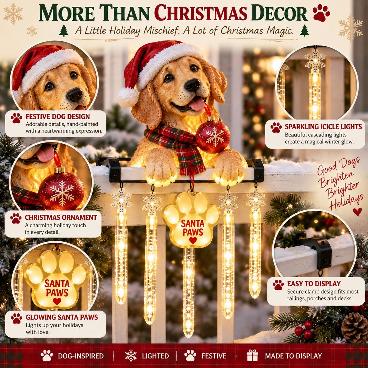 🎄 Christmas Hot Sale🐾 Santa Paws Christmas Porch Glow – Lighted Dog Railing Decor 🎄✨