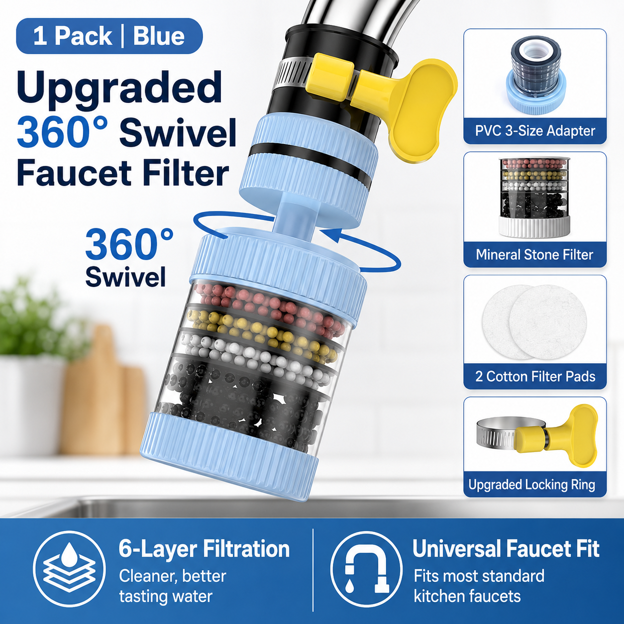 360° Swivel Faucet Water Filter – 6-Layer Filtration & Universal Kitchen Tap Fit