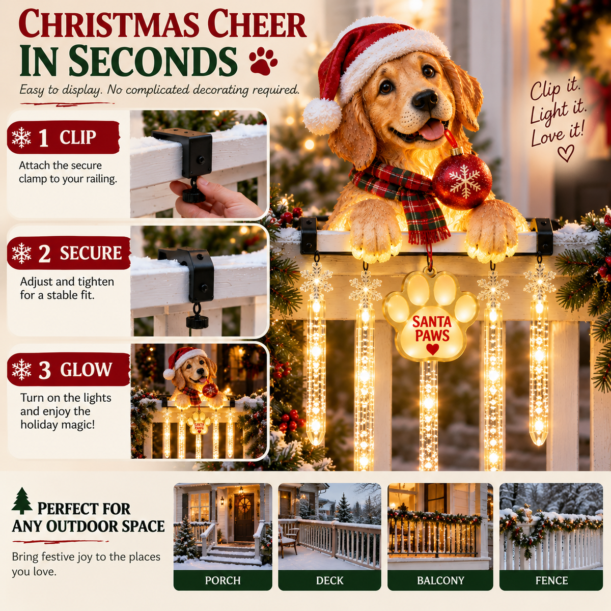 🎄 Christmas Hot Sale🐾 Santa Paws Christmas Porch Glow – Lighted Dog Railing Decor 🎄✨