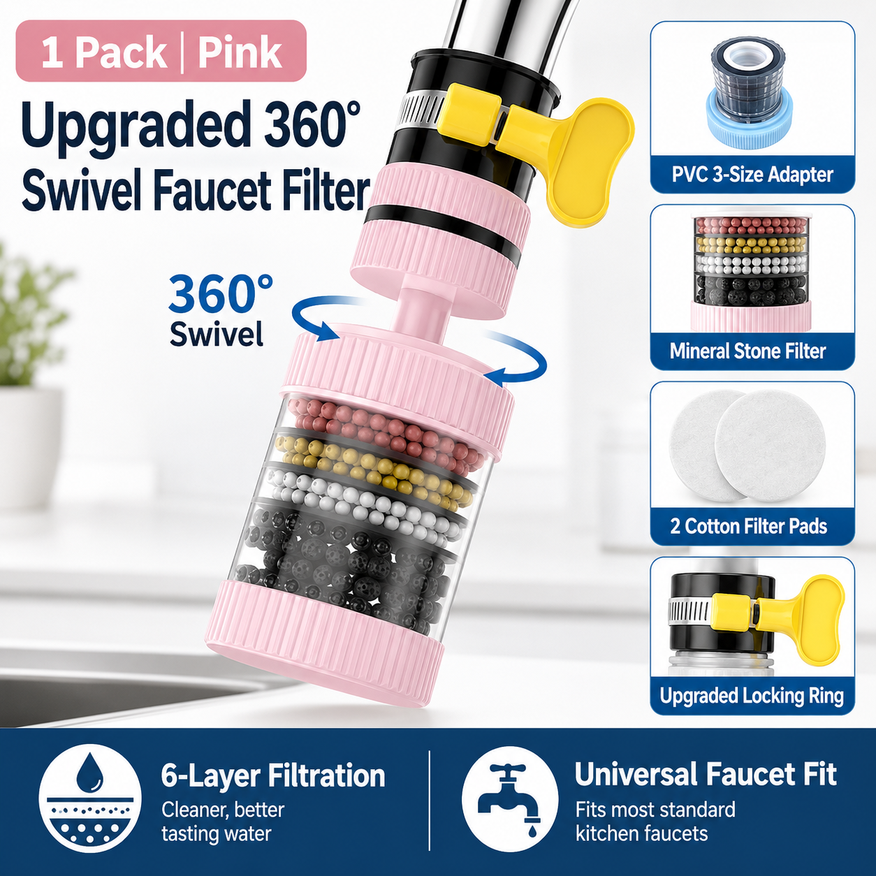360° Swivel Faucet Water Filter – 6-Layer Filtration & Universal Kitchen Tap Fit