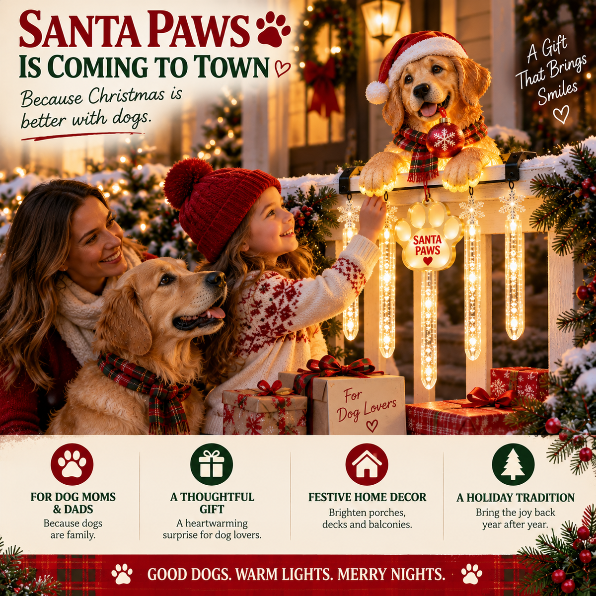 🎄 Christmas Hot Sale🐾 Santa Paws Christmas Porch Glow – Lighted Dog Railing Decor 🎄✨