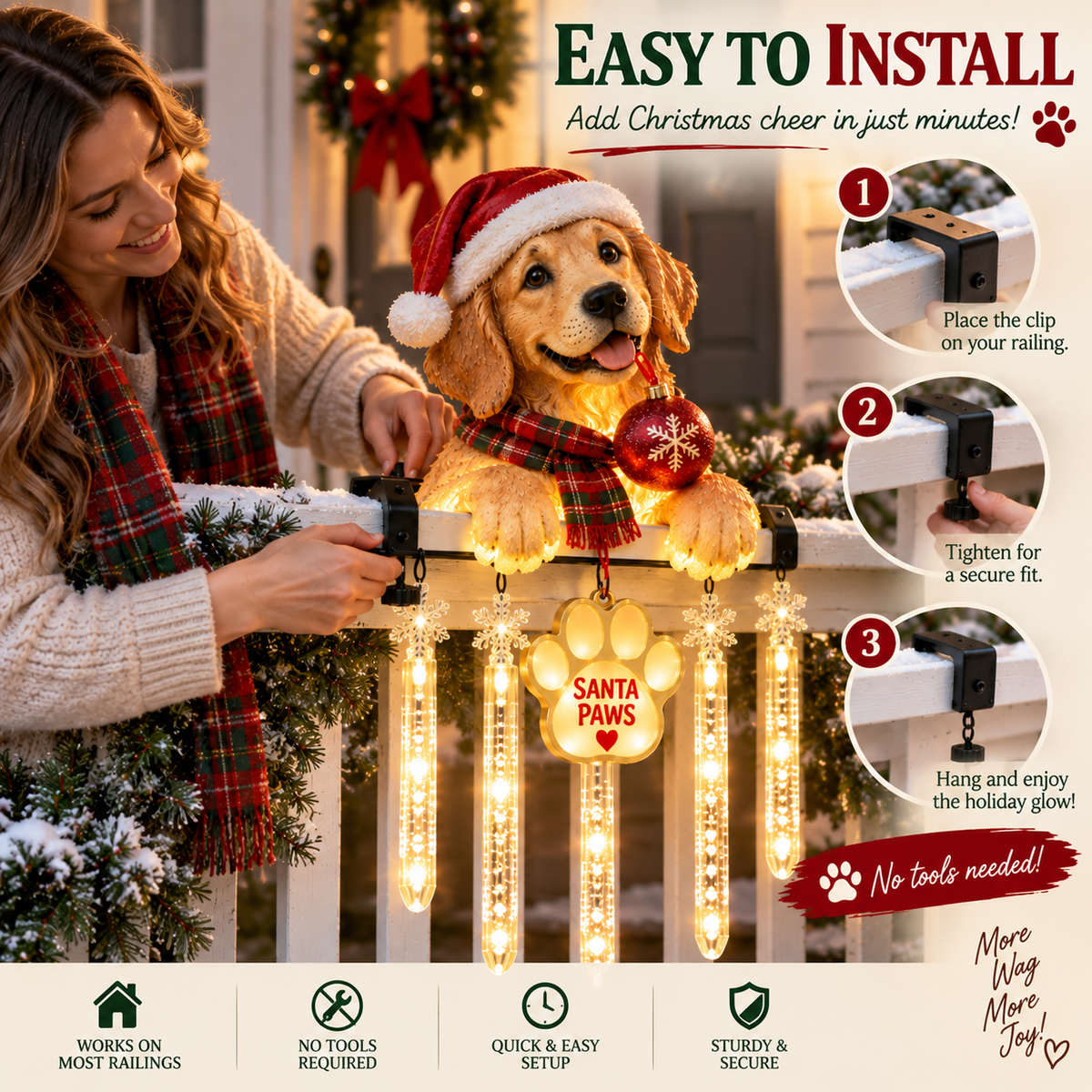 🎄 Christmas Hot Sale🐾 Santa Paws Christmas Porch Glow – Lighted Dog Railing Decor 🎄✨