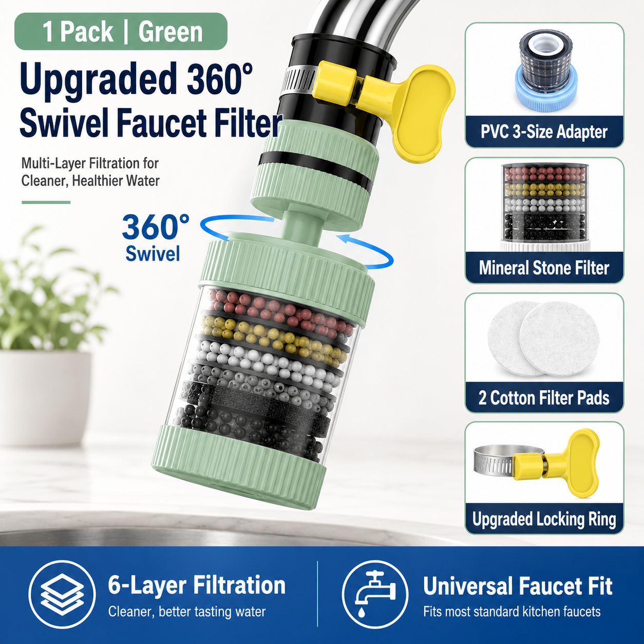 360° Swivel Faucet Water Filter – 6-Layer Filtration & Universal Kitchen Tap Fit