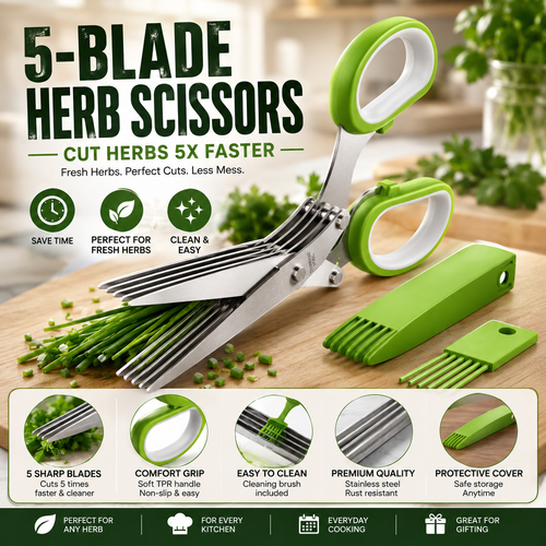 ✂️🌿5-Blade Stainless Steel Herb Scissors with Cleaning Brush & Protective Cover