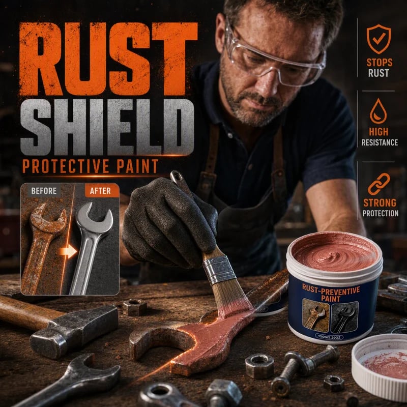 Rust Shield protective metal paint applied to rusty tool