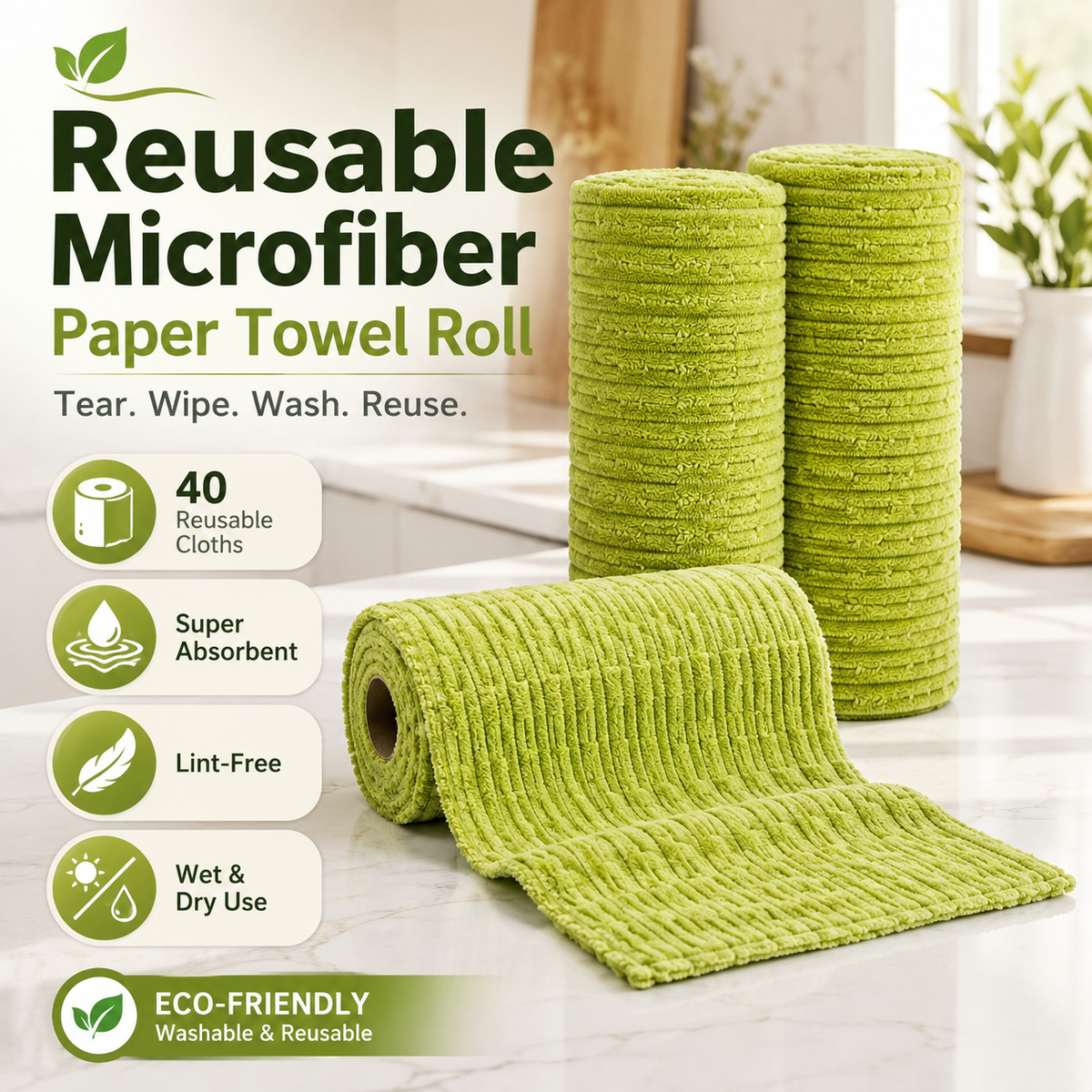 🧽 Reusable Kitchen Cleaning Towels – Tear, Wipe, Wash & Reuse ♻️🛒