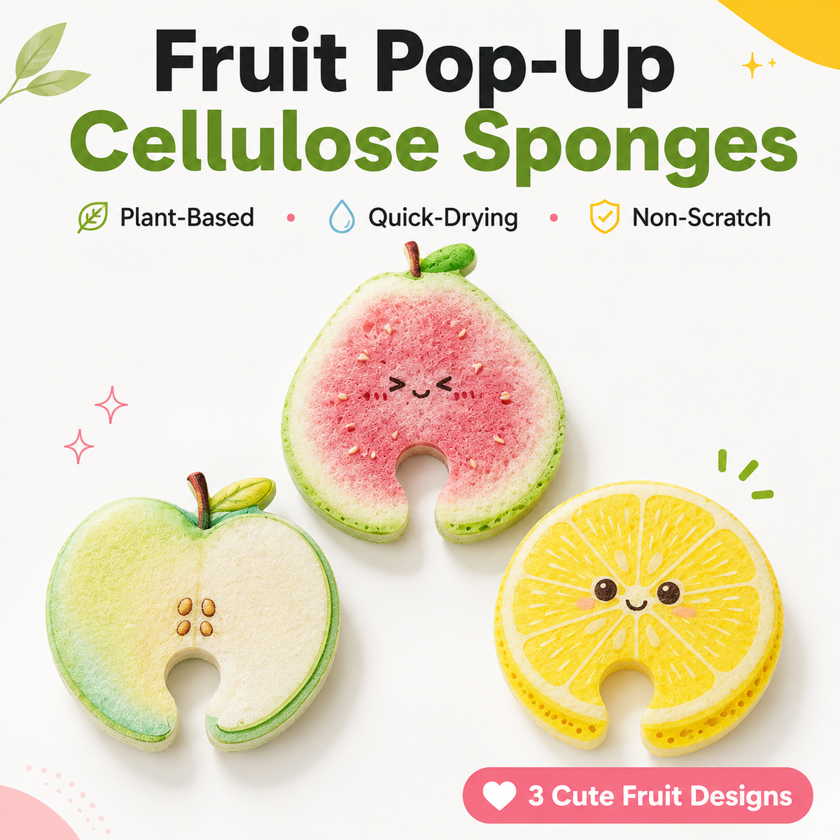🍎 Plant-Based Fruit Dish Sponges – Biodegradable, Eco-Friendly & Faucet-Hanging 💧🌿🛒