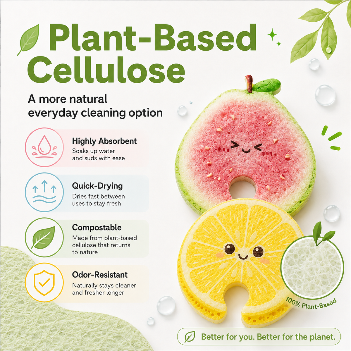 🍎 Plant-Based Fruit Dish Sponges – Biodegradable, Eco-Friendly & Faucet-Hanging 💧🌿🛒