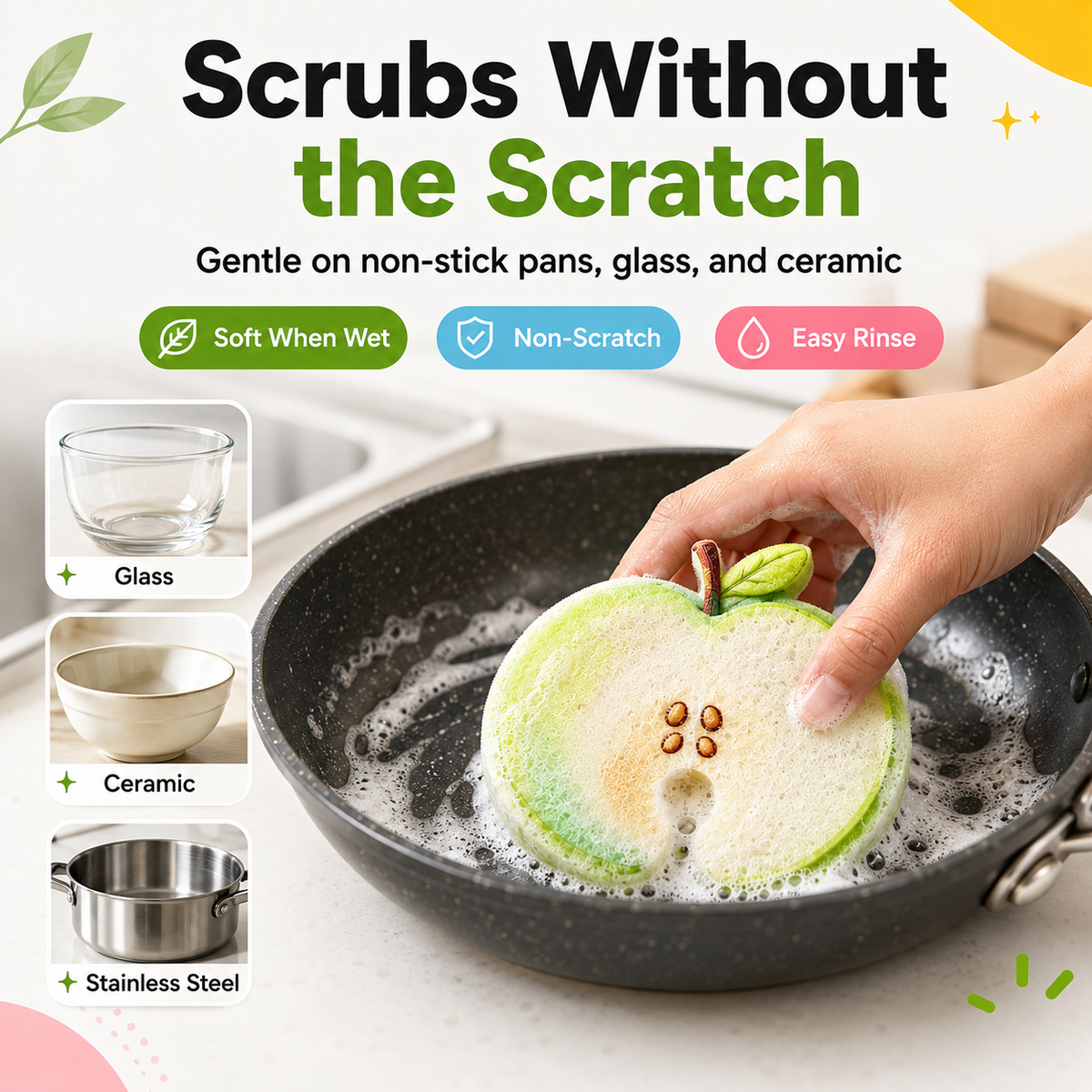 🍎 Plant-Based Fruit Dish Sponges – Biodegradable, Eco-Friendly & Faucet-Hanging 💧🌿🛒