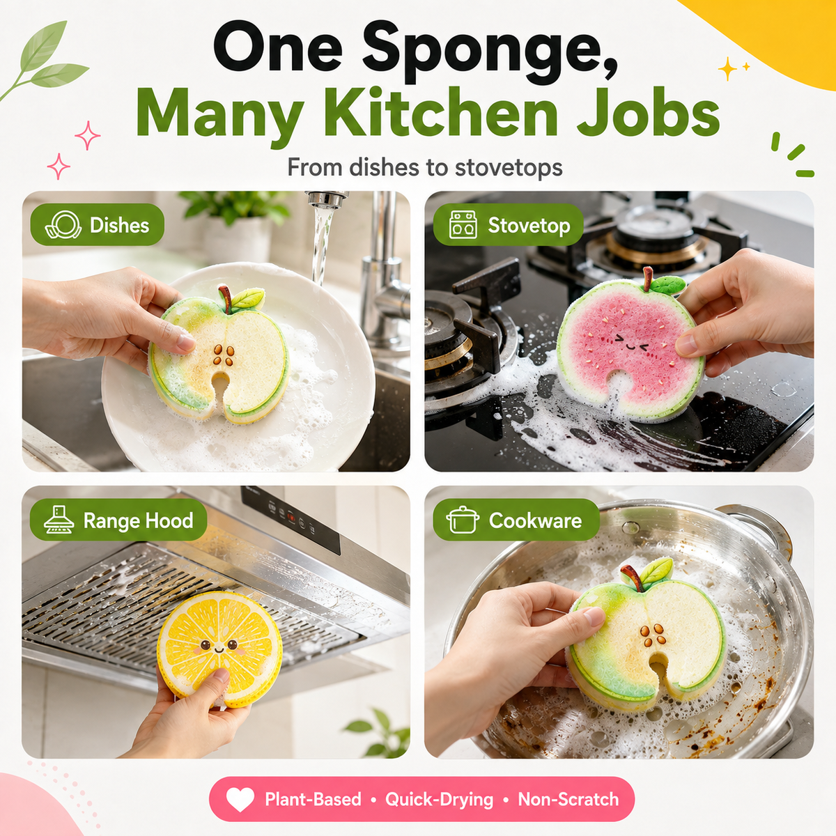 🍎 Plant-Based Fruit Dish Sponges – Biodegradable, Eco-Friendly & Faucet-Hanging 💧🌿🛒