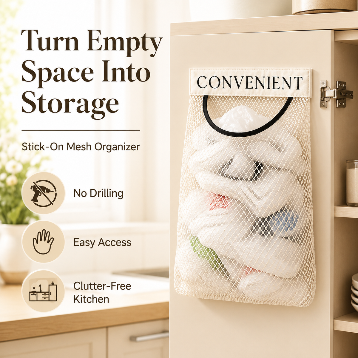 Stick-on mesh organizer mounted on kitchen cabinet door