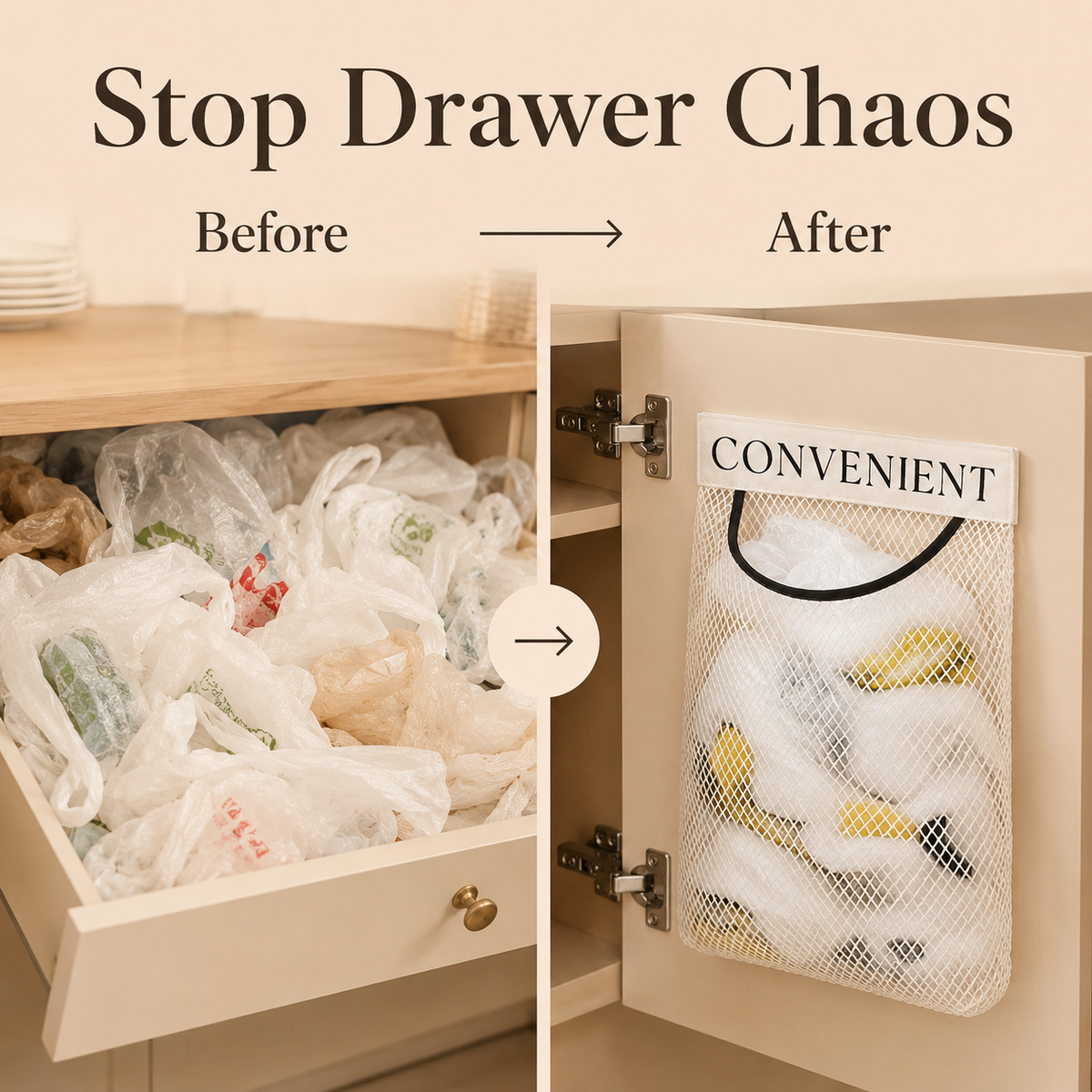 Before and after kitchen bag storage comparison