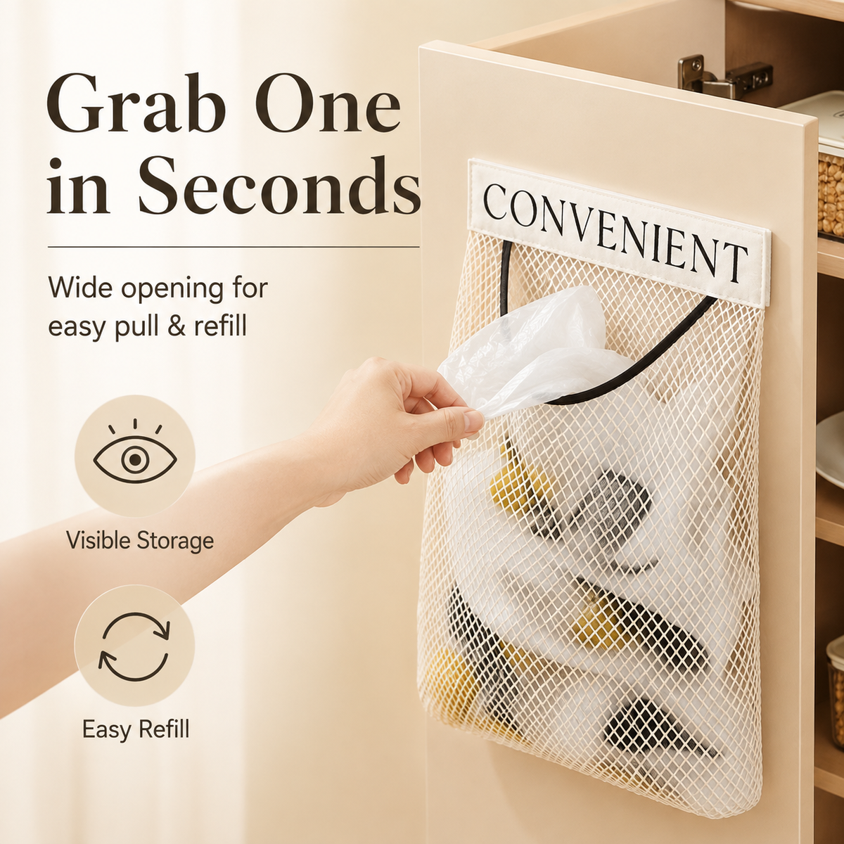 Easy access opening on mesh grocery bag organizer