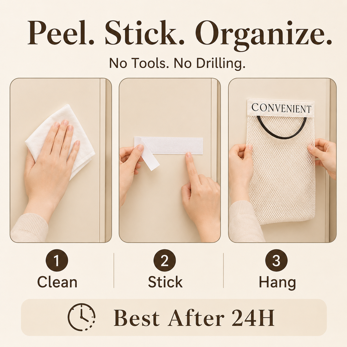 Three step installation instructions for stick-on mesh organizer