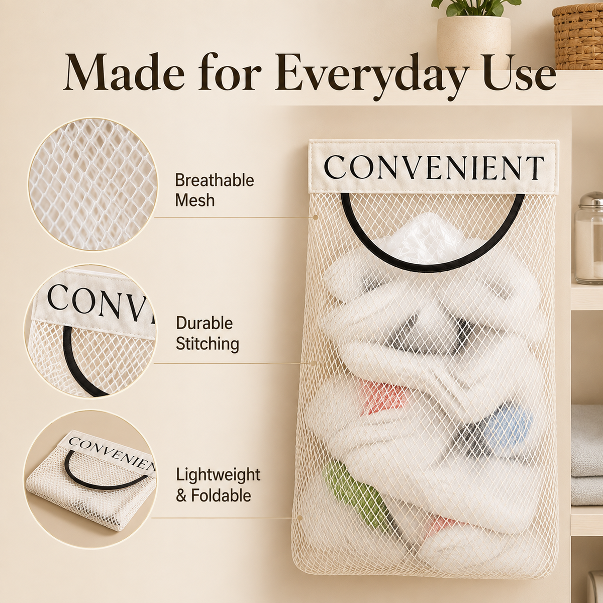 Mesh organizer material and stitching details
