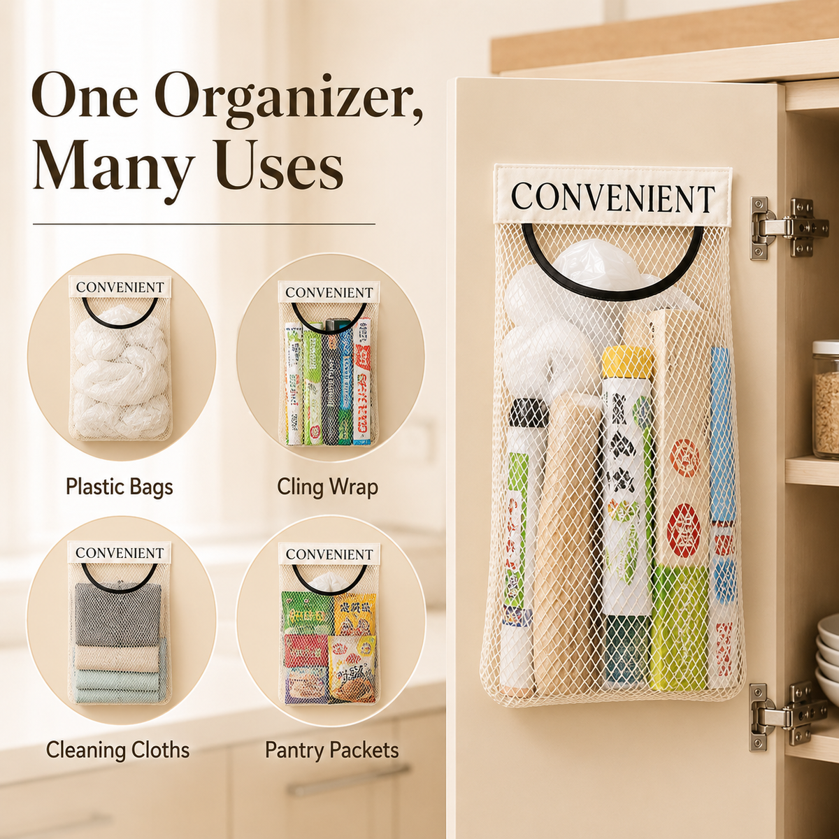 Different household uses for wall mounted mesh organizer