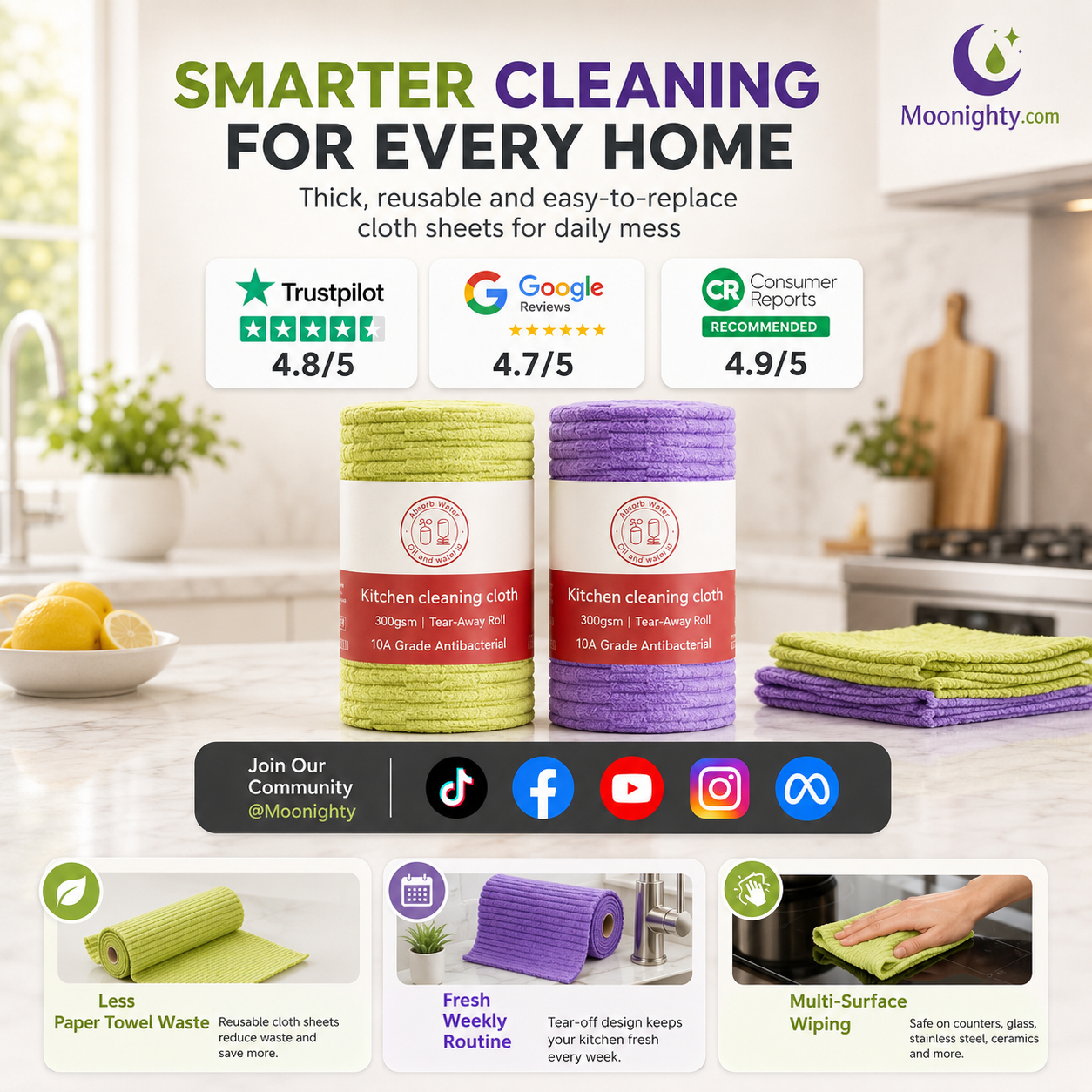 Multipurpose Reusable Tear-Off Cleaning Cloth Roll