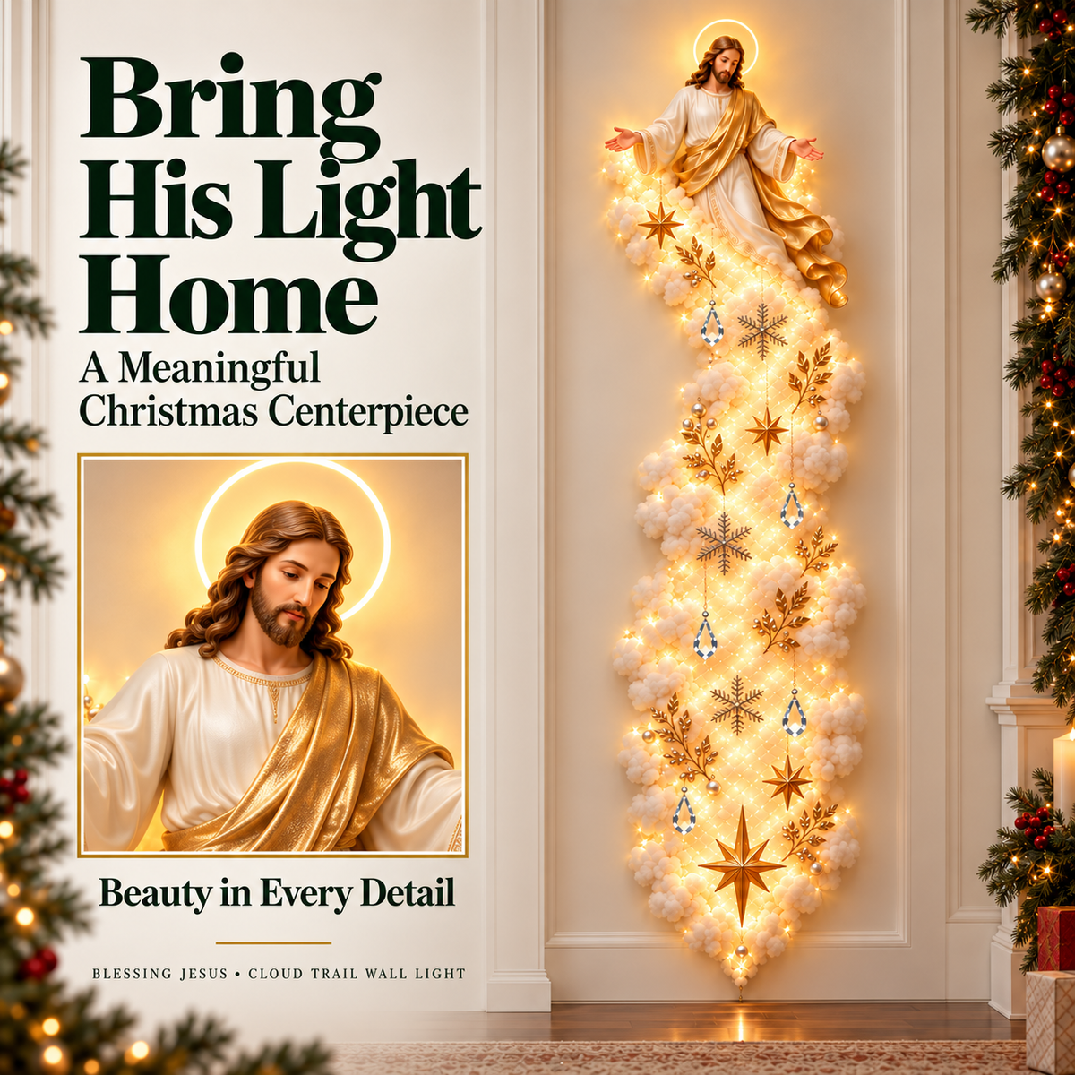 🎄 Christmas Sale ✨ Blessing Cloud Trail Wall Lights – Jesus, Mary & Star Angel
