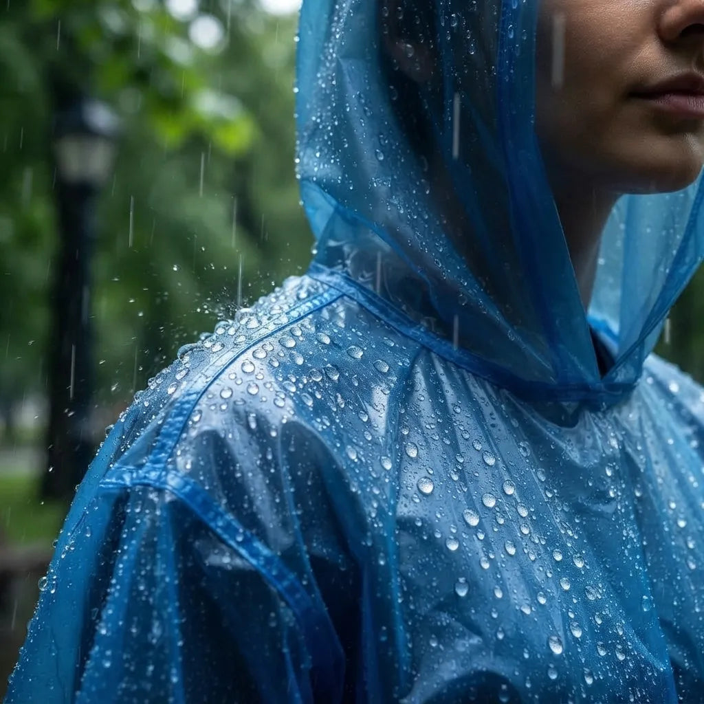 Close-up of a blue hooded poncho with raindrops beading on the surface