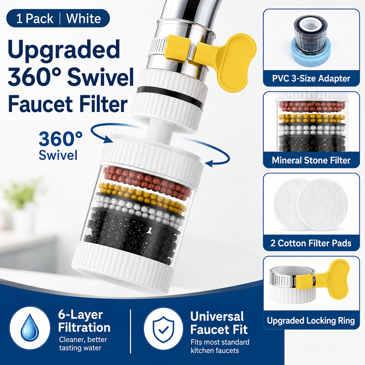 360° Swivel Faucet Water Filter – 6-Layer Filtration & Universal Kitchen Tap Fit
